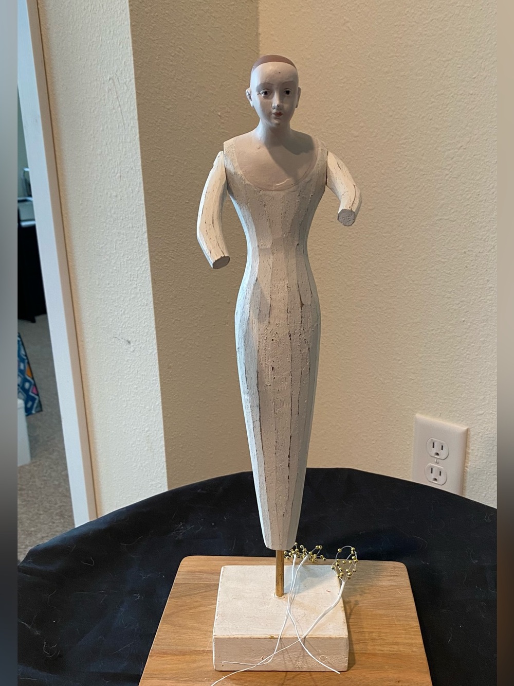 Vintage Hand-Carved White Wooden Female Figure Sculpture with Natural Wood Base